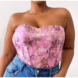 NWT Pretty Little Thing jacquard satin floral zip up corset top